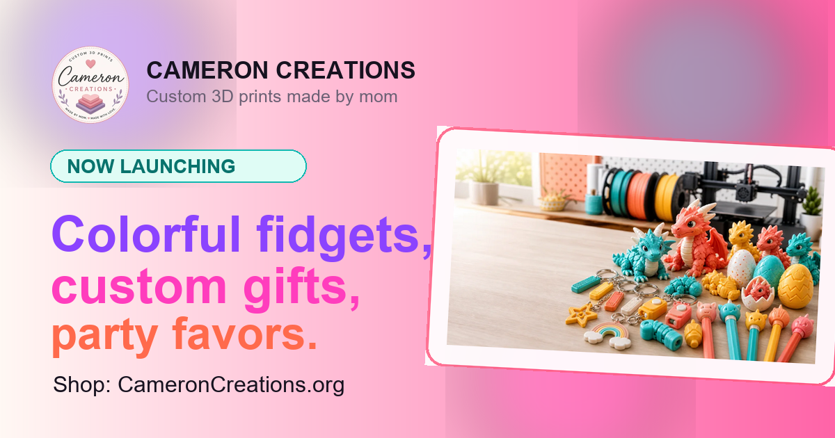 Cameron Creations launch graphic with colorful custom 3D printed gifts and fidgets