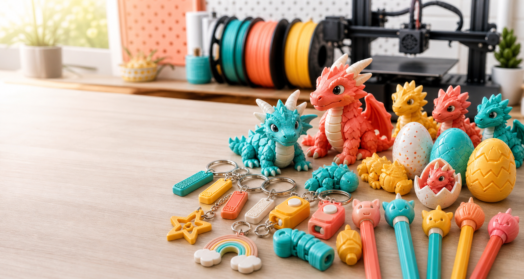 Colorful custom 3D printed dragons, keychains, pencil toppers, and party favor toys on a maker table