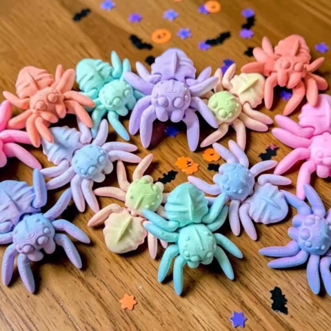 May include: A collection of small, molded spider figurines in pastel shades of pink, lavender, mint green, and light blue. Each spider features eight legs and a detailed body with visible eyes, scattered among small star and bat-shaped confetti.