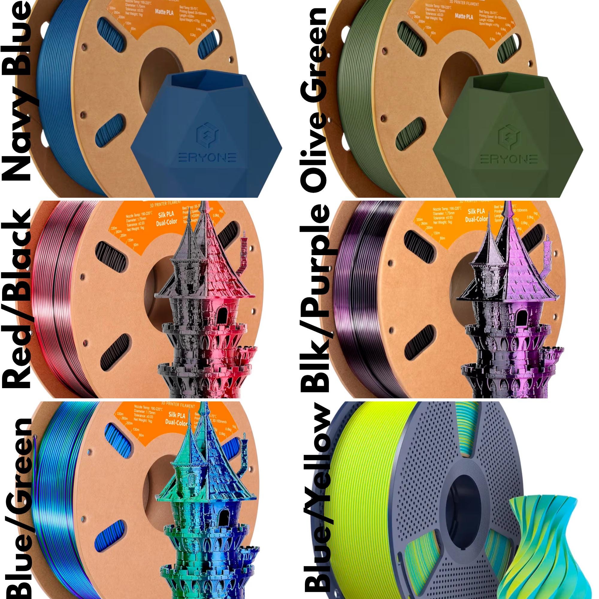 May include: A collection of spools of 3D printer filament in various colors, including navy blue, olive green, red/black, and blue/green. Each spool is paired with a 3D-printed model in a matching color, such as a castle or a geometric shape. The brand name "ERYONE" is visible.