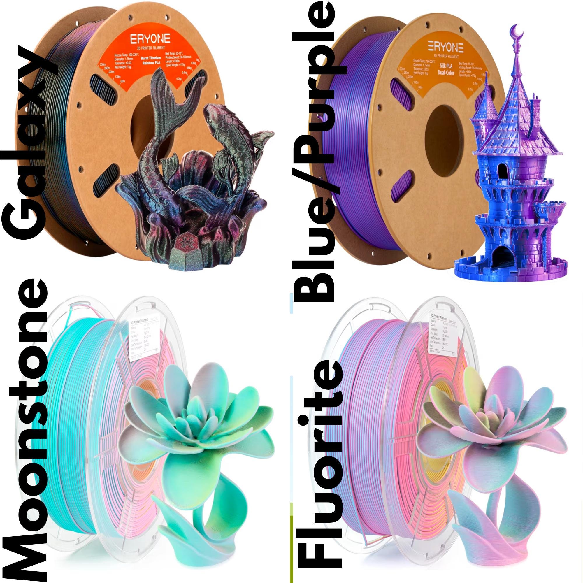 May include: Four spools of 3D printer filament in various colors, including Galaxy, Blue/Purple, Moonstone, and Fluorite. Each spool is paired with a 3D-printed decorative object, such as a fish sculpture, a castle, and a succulent. The text on the left says "Moonstone Galaxy". The text on the right says "Blue/Purple Fluorite".