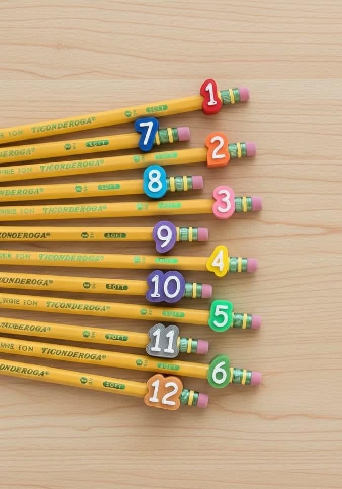 May include: A collection of yellow Ticonderoga pencils, each topped with a colorful rubber eraser shaped like a number from one to twelve. The numbers are rendered in various bright colors including red, orange, blue, pink, purple, yellow, and green.