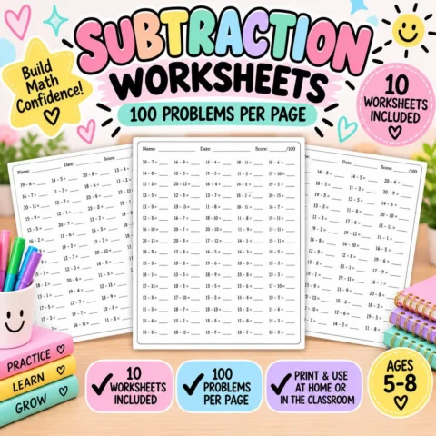 Subtraction Worksheets for Kids | Printable Math Worksheets | Subtraction Problems | 1st 2nd 3rd Grade Math | Homeschool