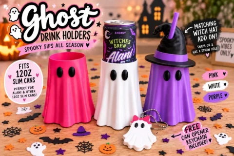Ghost Drink Holder for 12oz Slim Cans | Halloween Alani Can Holder | Spooky Drink Cozy | Witch Hat Add On | 3D Printed