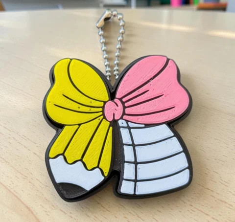 May include: A bow-shaped keychain featuring a yellow pencil design on the left side and a pink and white striped pattern on the right side. The keychain is constructed with a black base and includes a silver-toned metal ball chain attachment.